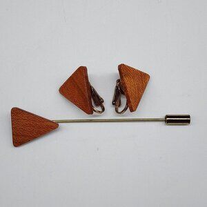 Wooden Triangle Earrings & Pin Brooch Clip-on Backs Vintage Pin is 3"